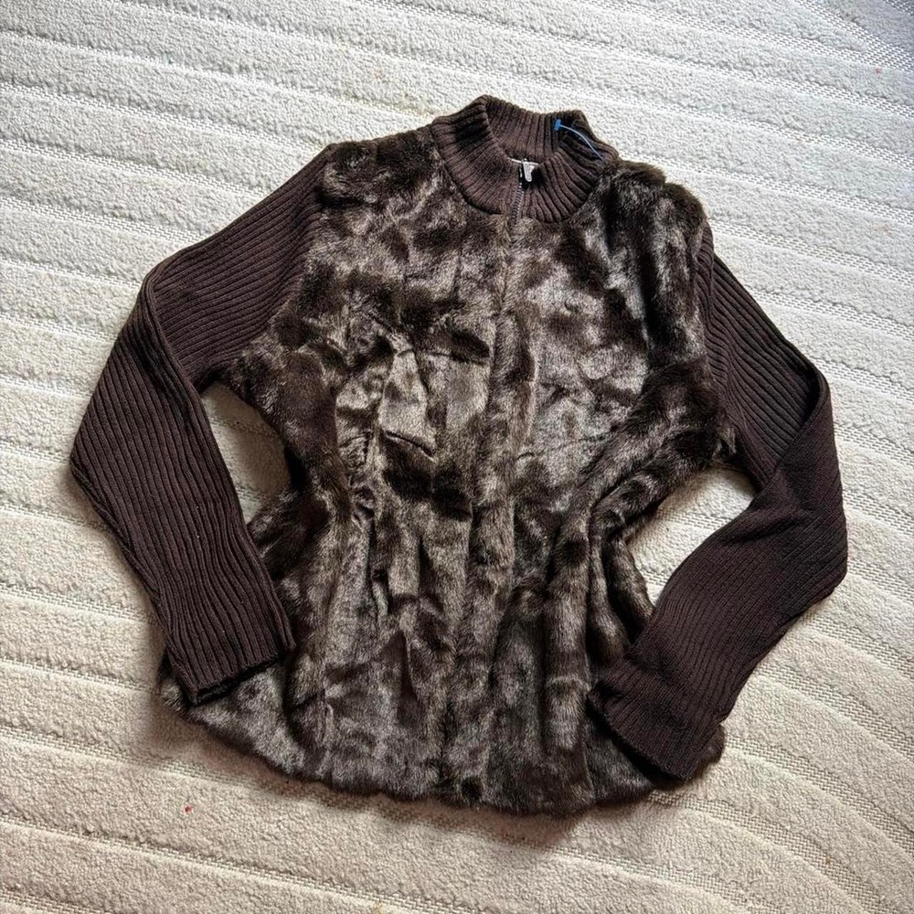 VTG Y2K Kathie Lee faux fur ribbed-knit zip-up sweater jacket size L Grunge